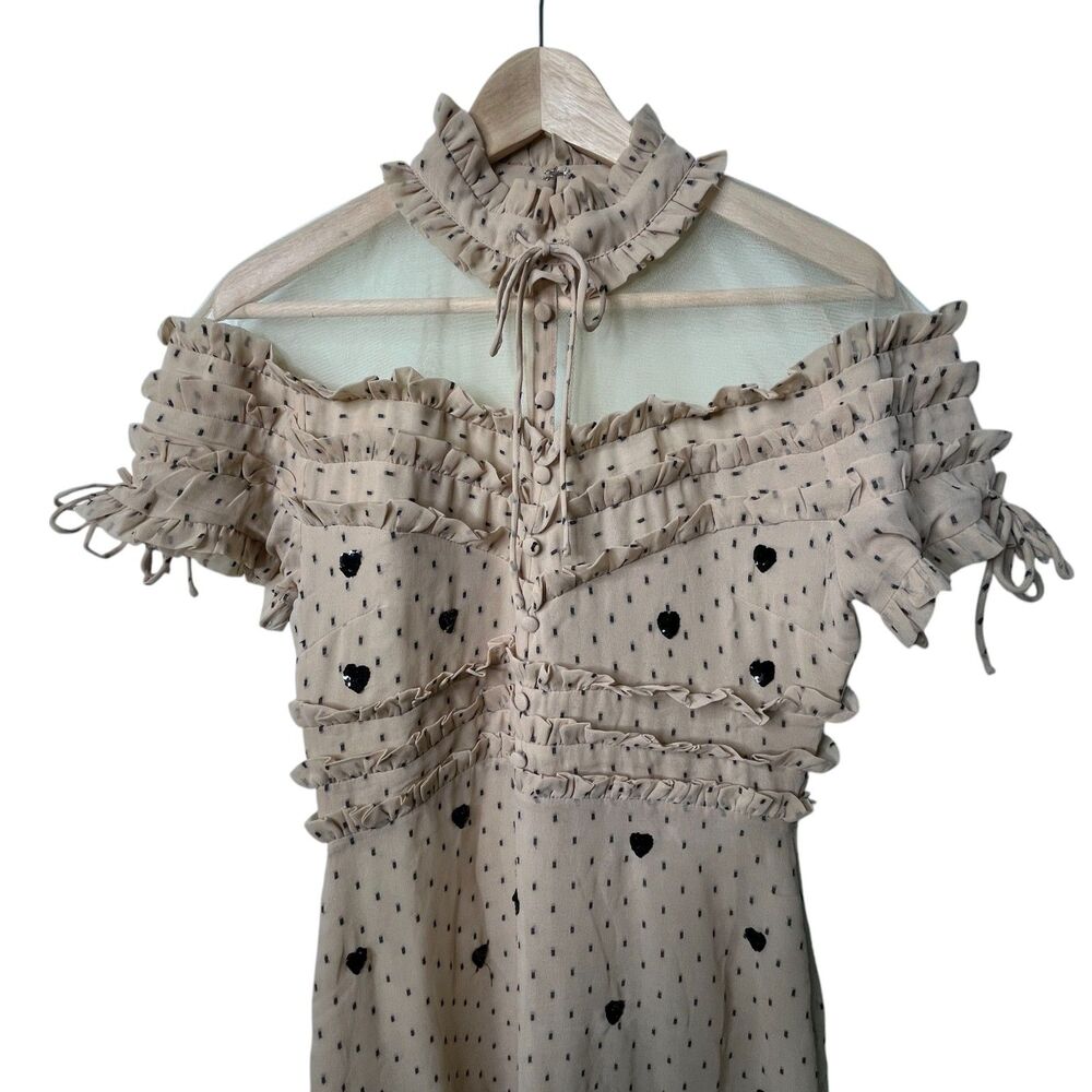 NBD Cherry Pie Mini Dress Sz M Nude Black Polka Dot Sequin Heart Ruffle Revolve - Picture 3 of 13